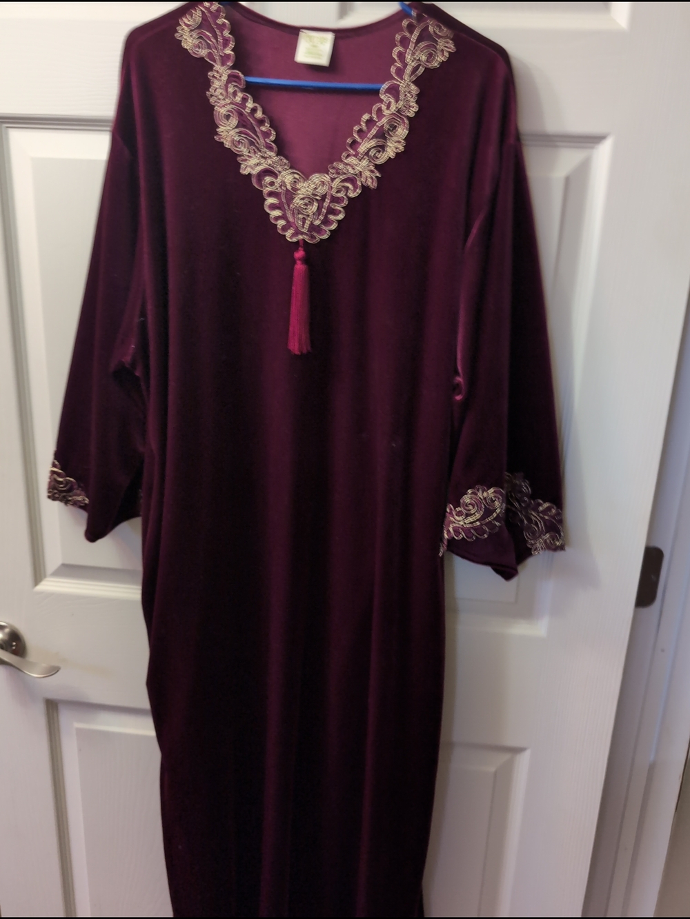 Women's Velvet Embroidered Caftan Robe in Deep Wine